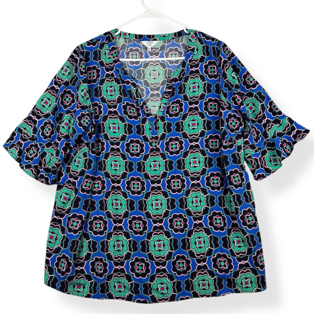 Crown & Ivy Blouse Womens Plus 1X Blue Green Pink Geo Print 3/4 Sleeves Rayon